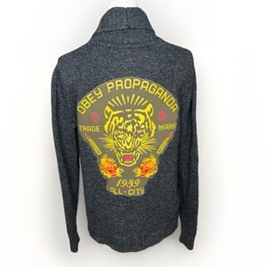 Vintage Upcycled "Obey‎ Propaganda 1989 all city" Grey Shawl Cardigan, Size S.